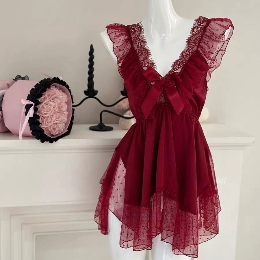 Purely Sensual Silky Slip Nightgown with Sexy Backless Lace Bow, Polka Dot Sleep Dress with a High-End Feel, Loungewear