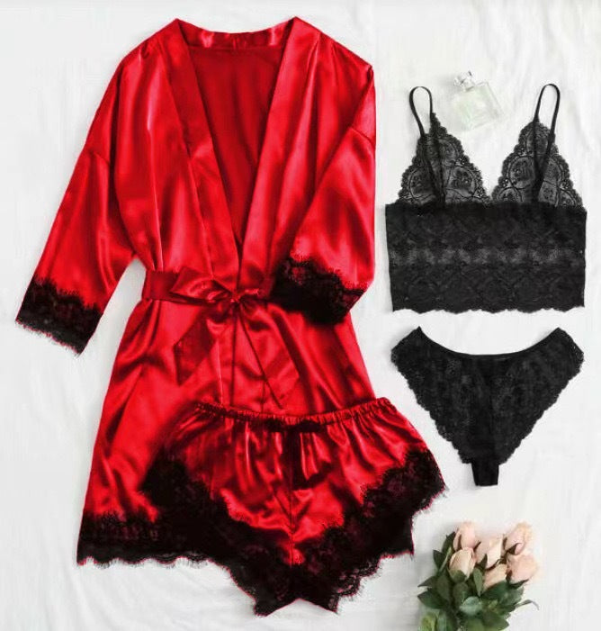 New Cross-Border Sexy Women's Sexy Pajamas Multi-Piece Suit Lace Satin Suspender Nightgown Manufacturer Foreign Trade Direct Sales