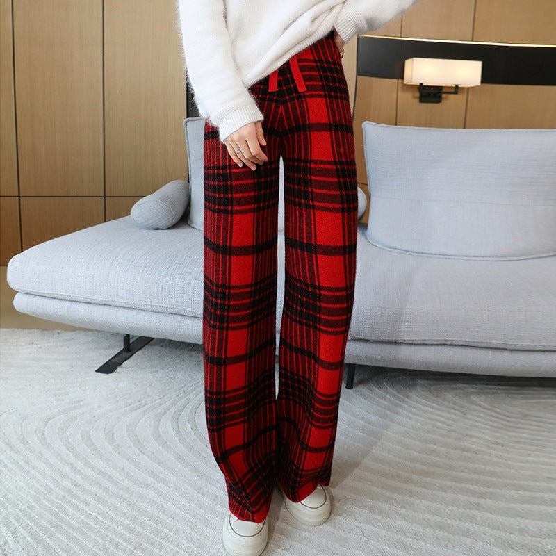 24 Autumn and Winter New High Waist All-match Casual Wide-leg Pants Women's Straight Loose Plaid Trousers 100 Wool Thickened