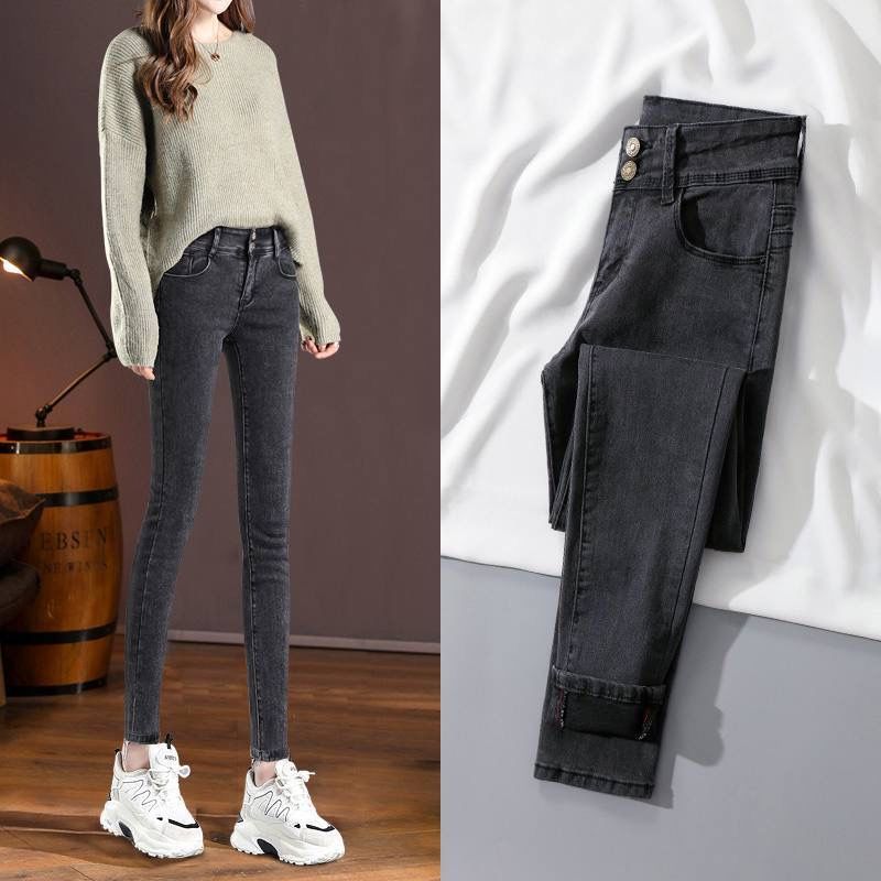 Red Jeans Women's 2024 Autumn and Winter Plus Velvet High Waist Slim Fit Small Foot Casual Pants Straight-Leg Pencil Pants