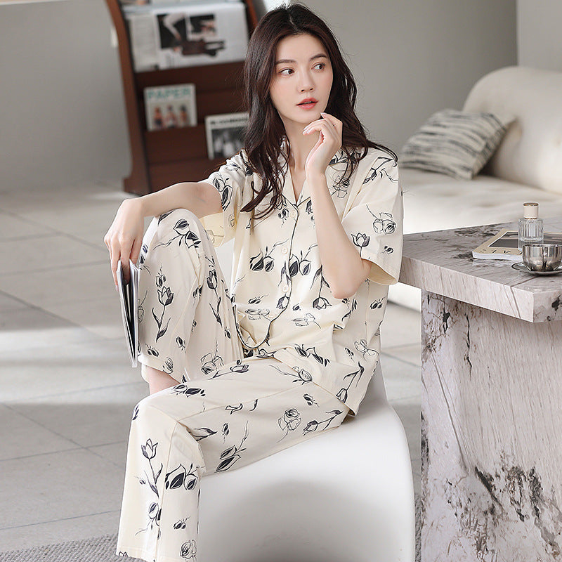 2026 New Women's Summer Pajamas, Cotton Short-Sleeve Long Pants, High-End Cardigan Loungewear Set for Women, Suitable for Wearing Outside
