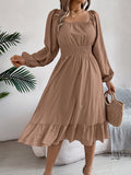 2026 Spring/Summer European and American Casual Solid Color Square Neck Long Sleeve Waist-Cinching Ruffle A-Line Dress Amazon Cross-Border Women's Clothing