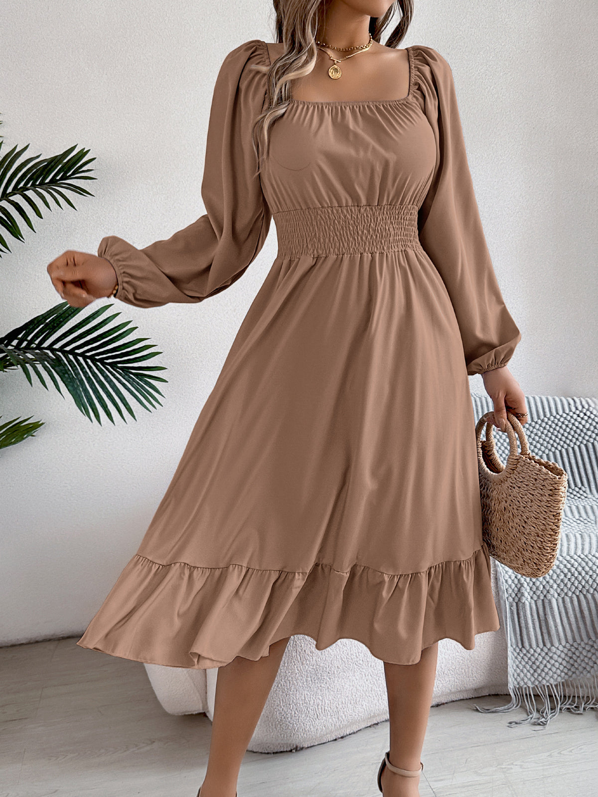 2026 Spring/Summer European and American Casual Solid Color Square Neck Long Sleeve Waist-Cinching Ruffle A-Line Dress Amazon Cross-Border Women's Clothing