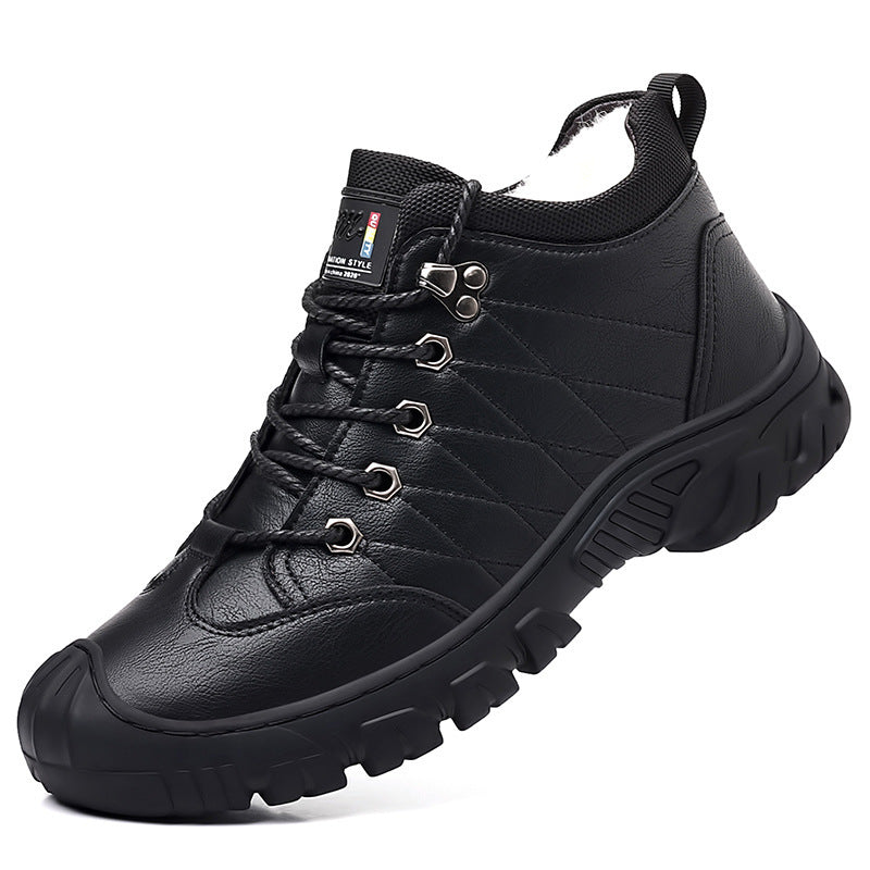 Winter New Men's Wool Warm Cotton Leather Boots Men's Online Sewing Lace-up Casual Leather Shoes Non-slip Wear-resistant Ankle Boots