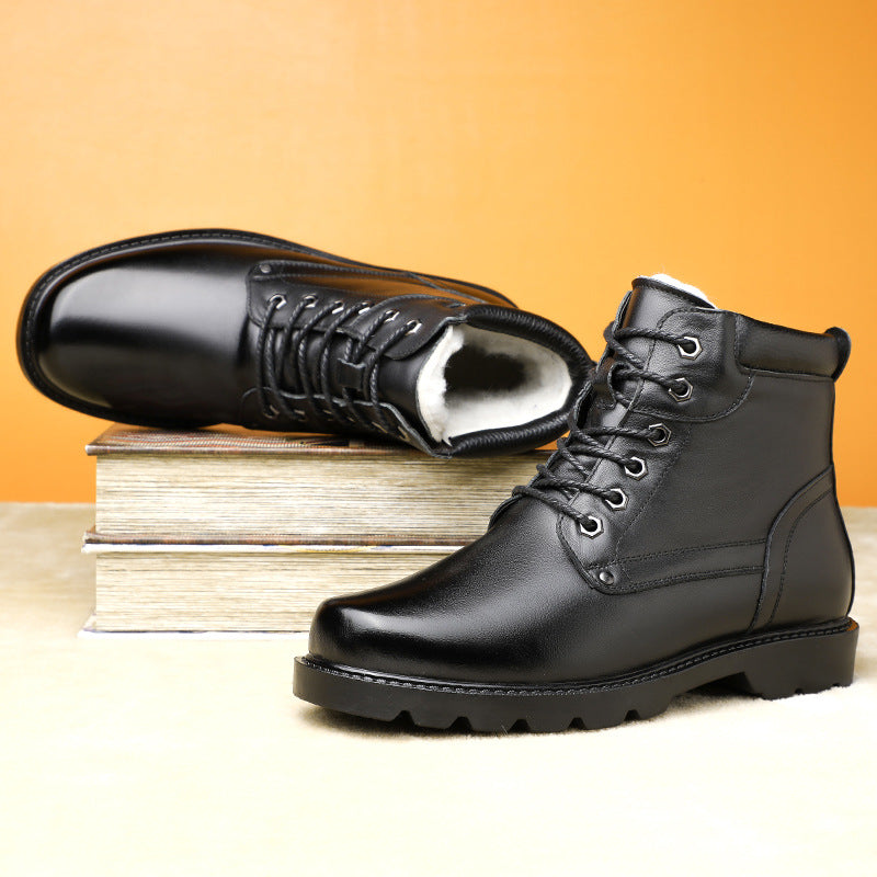2024 Winter New Men's Leather Boots fleece-lined Warm High-top Men's Shoes Cowhide Snow Boots Northeast Cotton Boots Soft Bottom