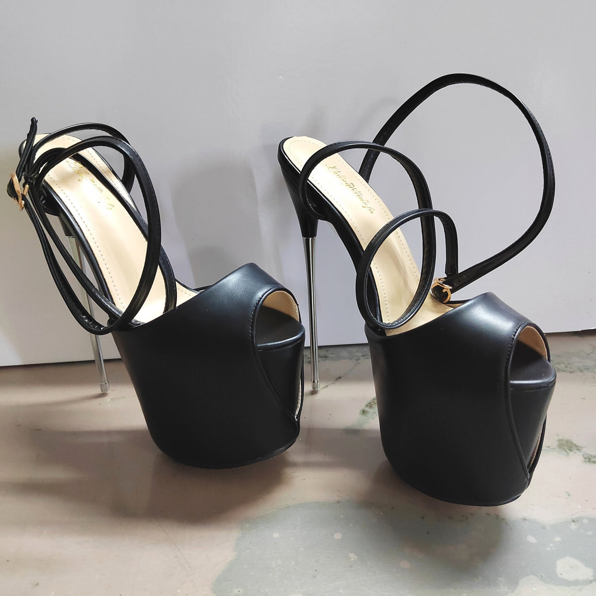 European and American Cross-Border New Style Thin Heel 19cm Steel Heel Strap Peep-Toe Large Size Sky-High Black High Heels Women's Shoes
