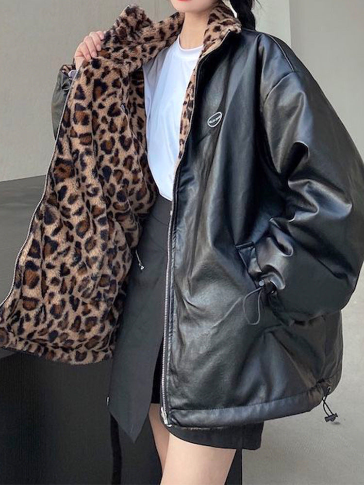 European and American Style 2025 Autumn and Winter New Women's Clothing Reversible Leopard Print Pu Leather Jacket Thickeneded Warm Plush Jacket Wholesale