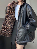 European and American Style 2025 Autumn and Winter New Women's Clothing Reversible Leopard Print Pu Leather Jacket Thickeneded Warm Plush Jacket Wholesale