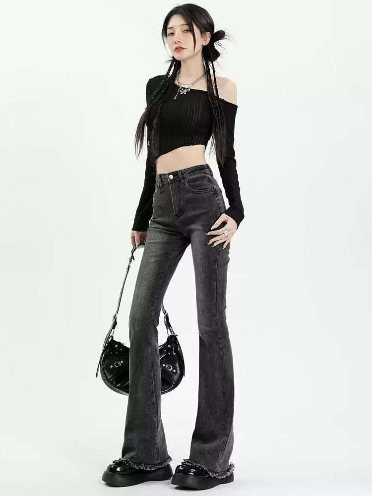 Raw Hem Pear-Shaped Body Shape Flared Jeans for Women, Spring and Autumn Design, 2025 New High-Waisted Slimming Raw Hem Bootcut Pants