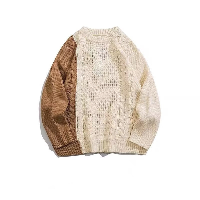 Autumn and Winter Stitching Contrast Sweater Men's Loose Ins Niche Design Sense Student Hip-Hop Knitted Sweater Coat Top