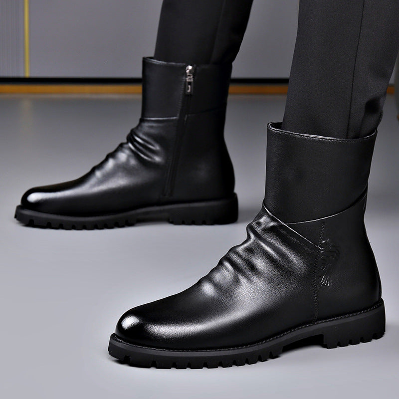 Winter Velvet Warm Boots Men's High-Top British Side Zipper Large Size Short Boots Business Formal Chelsea Boots