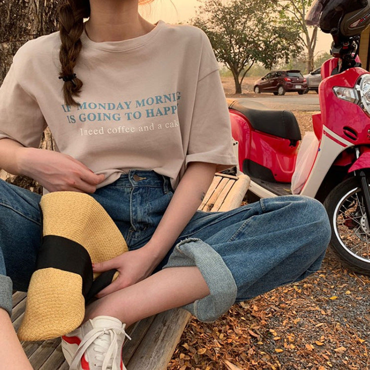 Korean Letter Printed Loose Short-Sleeved T-Shirt for Women Summer Casual Tops Student Couple Wear Bottoming Shirt Women's Clothing Trbottomy