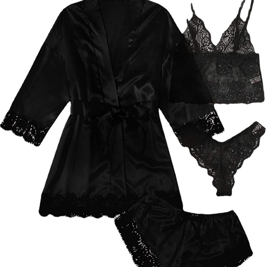New cross-border European and American women's fun pajamas multi-piece suit lace satin suspenders robe foreign trade factory direct sales