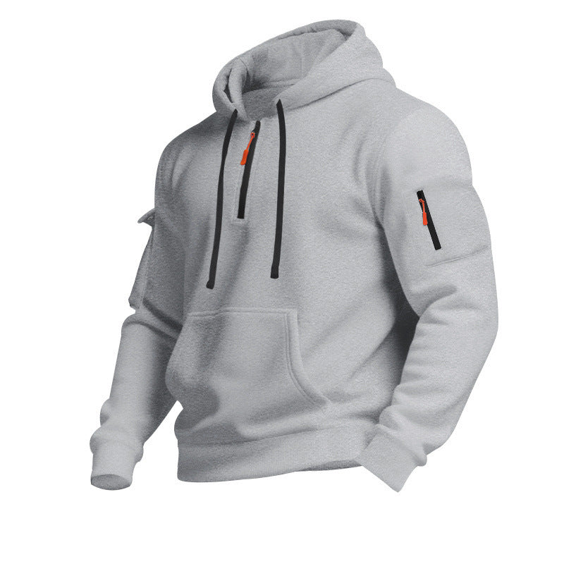 Casual Pullover Sweatshirt with Multiple Zipper Arm Pockets for Autumn and Winter, Large Size, Fleece-Lined Hoodie for Men