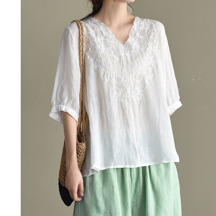 Shirt Summer New Style Retro Literary Thin Embroidered Short-Sleeved Cotton and Linen Tops for Women Ethnic Style V-Neck Pure Cotton T-Shirts for Women