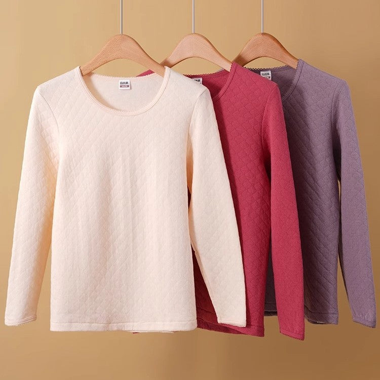 Yiershuang Men's and Women's Warm Cotton Single-piece Three-layer Round Neck Long-sleeved Shirt Trousers Air Cotton Thermal Underwear Thickened