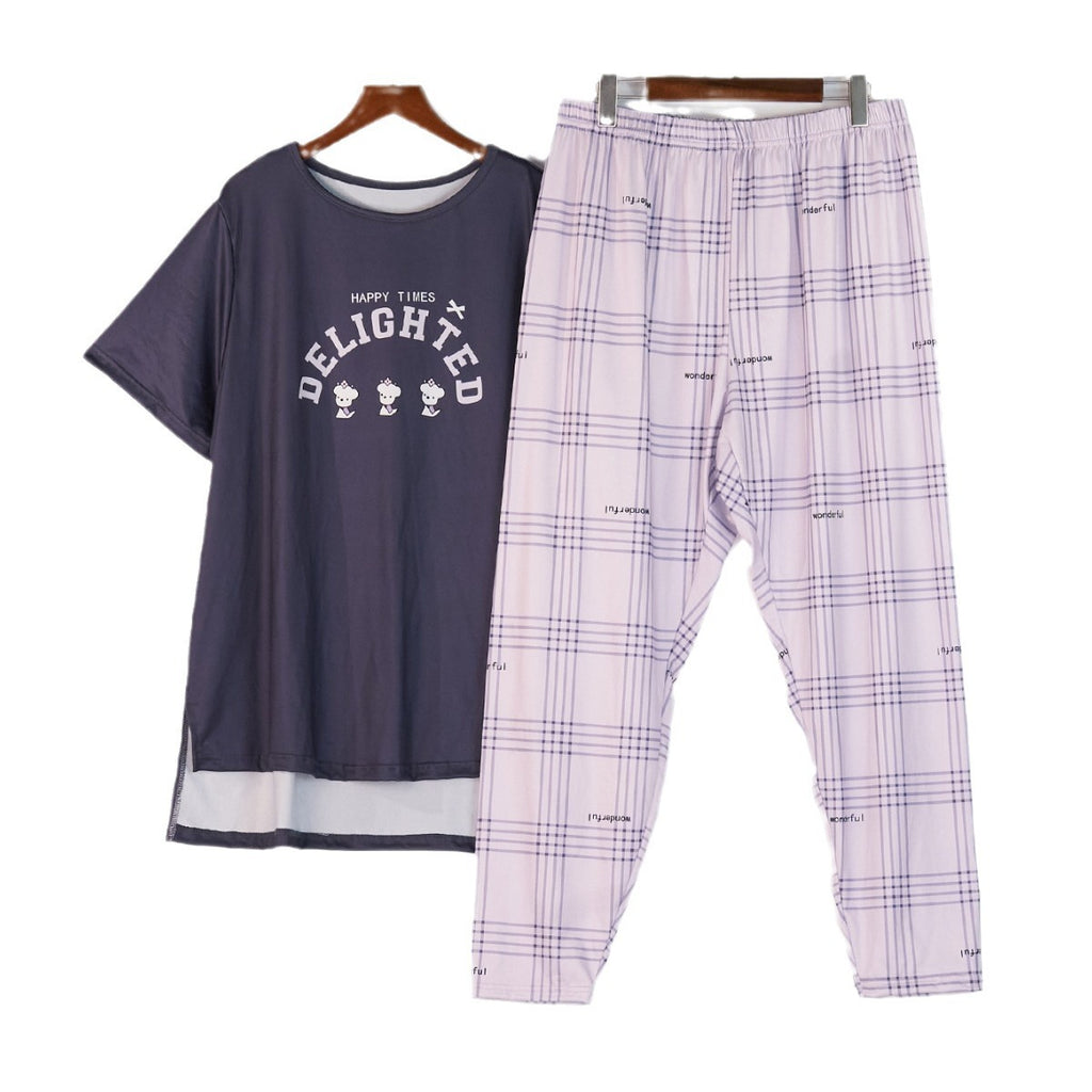 Cross-border plus size Pajamas Women's Spring and Summer Wearing English Printed Short-sleeved Plaid Cropped Pants Pajamas Two-piece Set