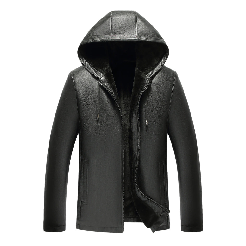 Hooded leather men's New imitation leather winter plus velvet padded long casual men's leather jacket coat wholesale