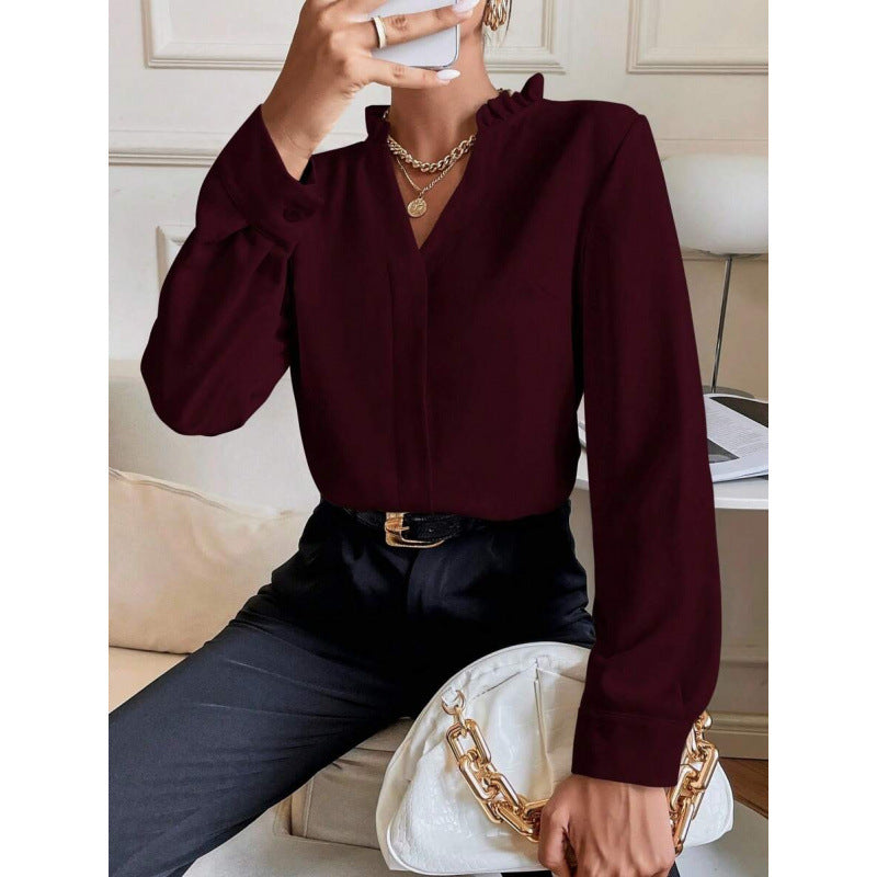 Cross-Border Export New Dropshipping Aliexpress Blouses V Neck Shirt Long-Sleeved Tops