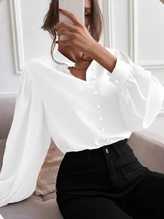 Women's Shirts 2024 Spring Amazon Foreign Trade New Elegant Solid Color Lapel Long Sleeve Single Row Button Loose Tops for Women