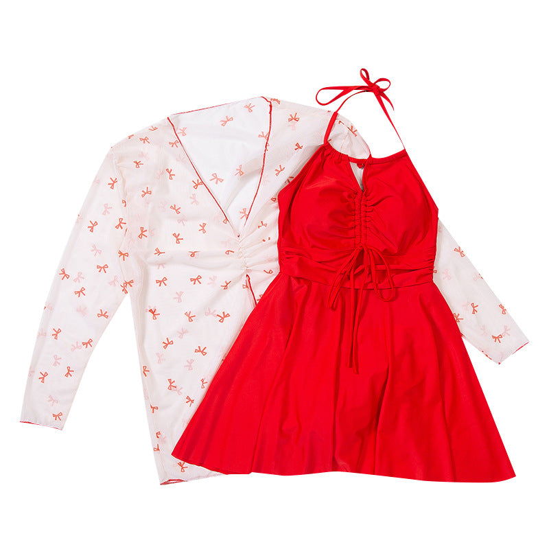Red Stunning Swimsuit for Women, Adult High-End Halterneck One-Piece Dress, Conservative and Sexy, Plus Size Fat Mm, Slimming Look and Covering the Flesh