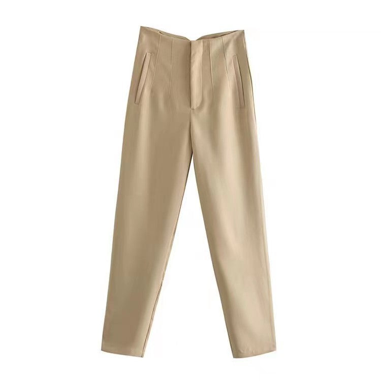 Women's Trousers European and American Amazon Cross-Border New Slim Fit Solid Color Pleated Micro-Elastic Formal Straight Pants Casual Pants