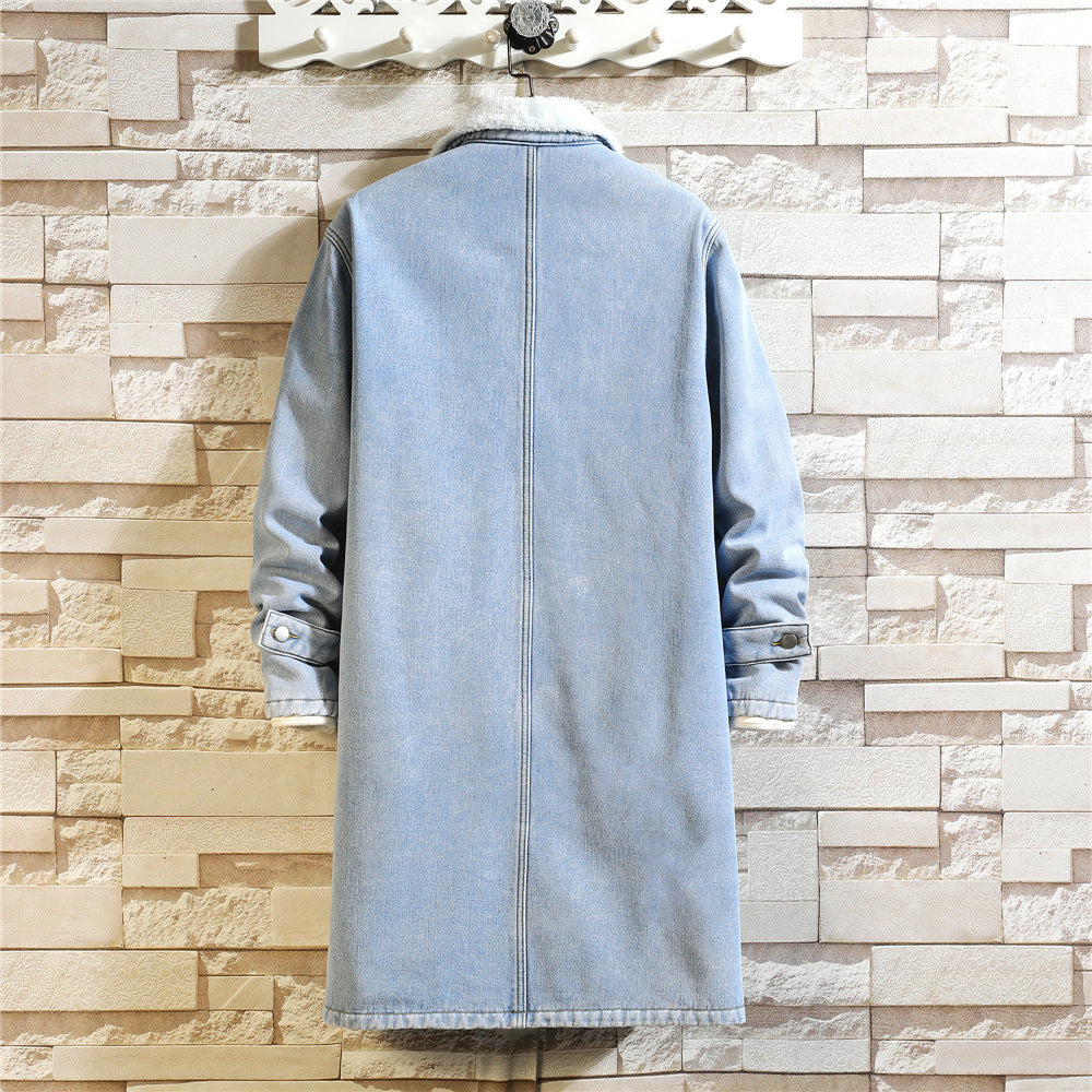Men's Denim Trench Coat, Mid-Length, Autumn and Winter, Japanese Style, Trendy Brand, Plus Size, Vintage, Loose Fit, Fleece-Lined, Turn-Down Collar Jacket