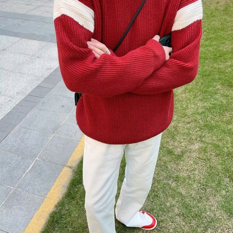 Contrast color sweater men's autumn and winter New round neck long sleeve sweater fashionable inner bottoming sweater fashionable one-piece delivery