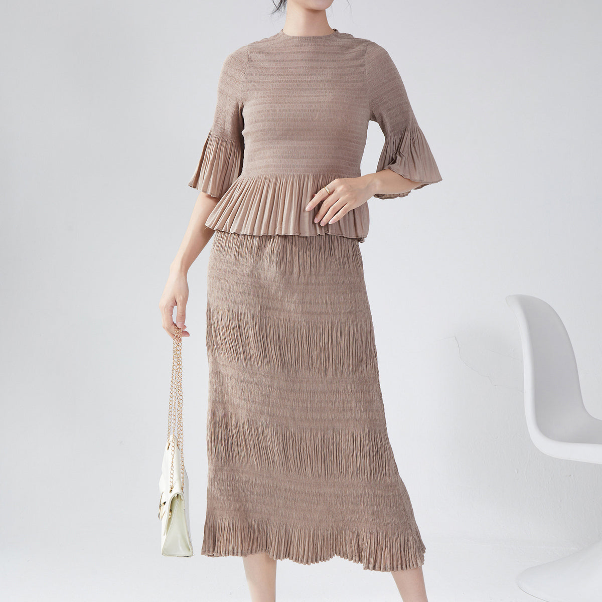 Miyake Women's Autumn New suit Two-piece Elegant Slim-fit Base T-shirt Top All-match Hip Skirt