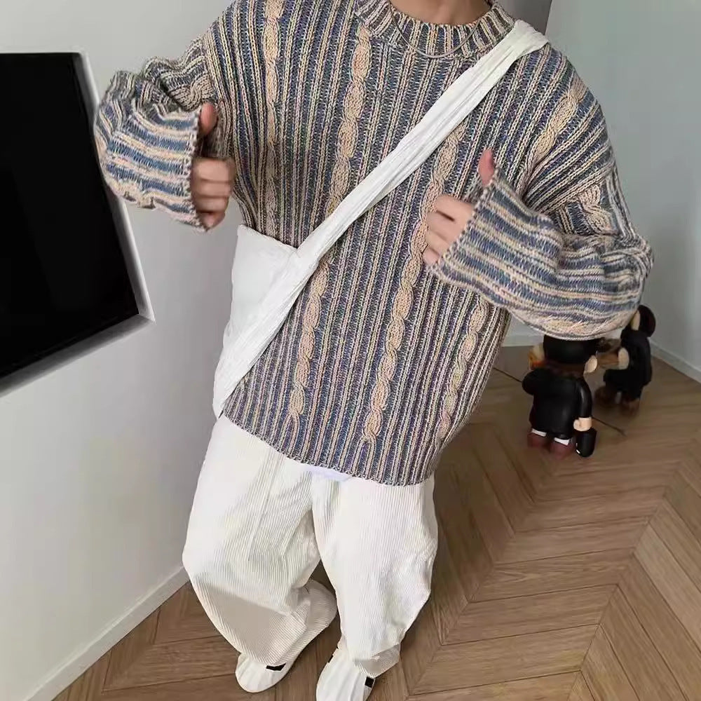 2024 Winter Casual Retro Mixed Color Striped Knitted Trendy Sweater Sense Men's Design Sense Crewneck Pullover for Hair