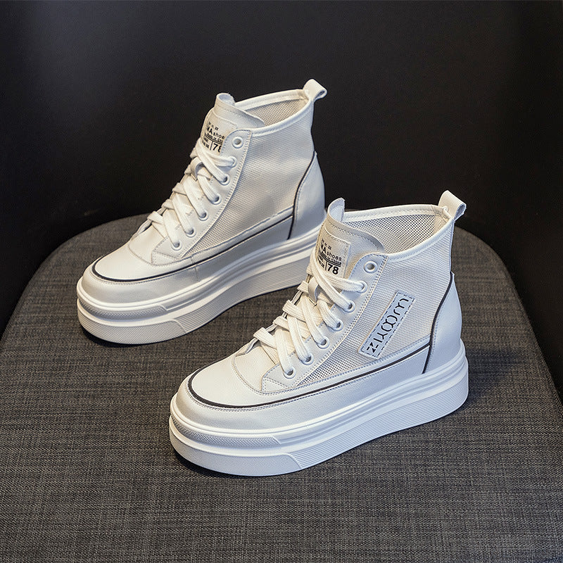 2025 Spring New Women's Mesh High-Top White Shoes with Hidden Heel, Korean Style Casual Platform Shoes