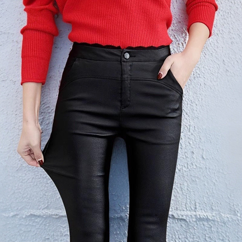 Women's Leather Pants 2025 New High-Waisted Autumn Popular Black Outer Lace Leggings Extra Long Matte Tight-Fitting Small Feet