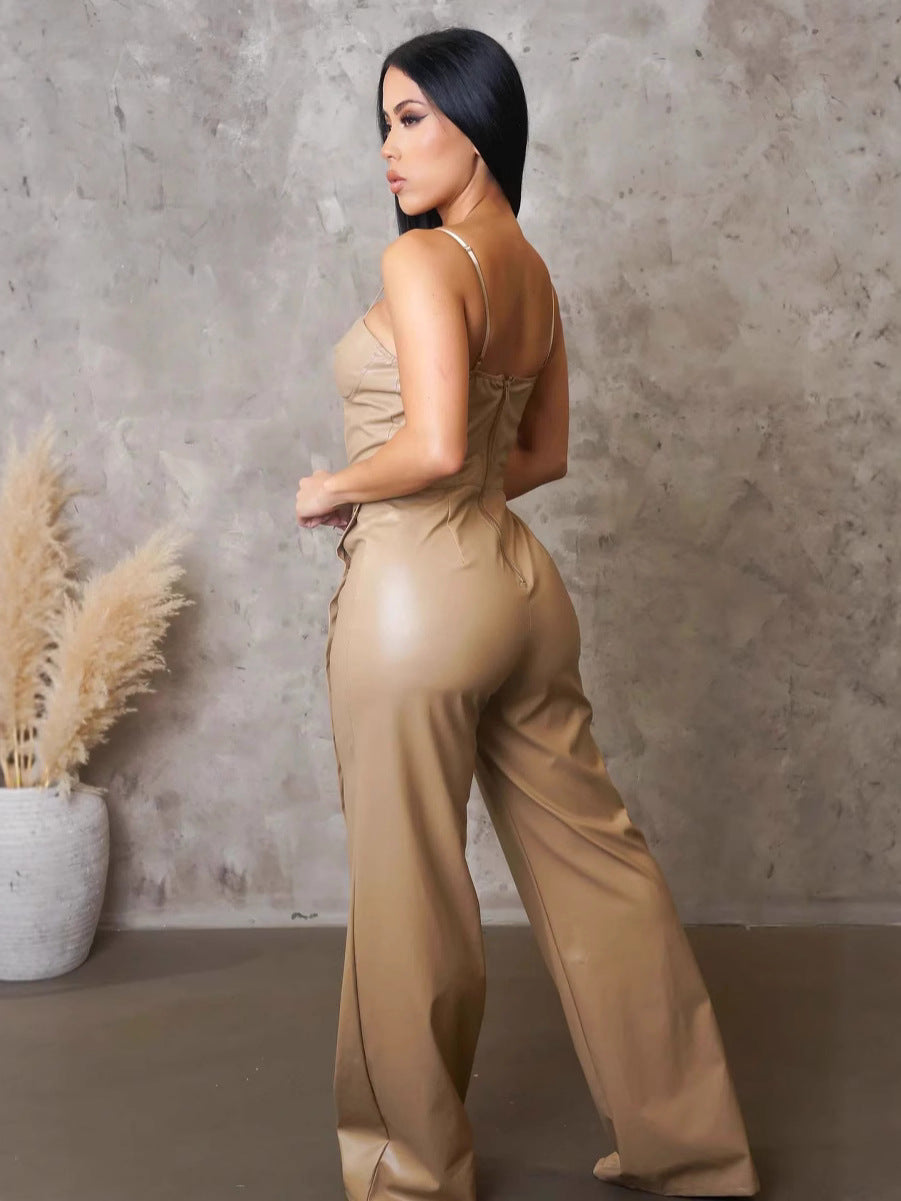 Aj4479 Cross-Border Supply European and American Clothing Pu Leather Suspender Sleeveless Wide-Leg Jumpsuit