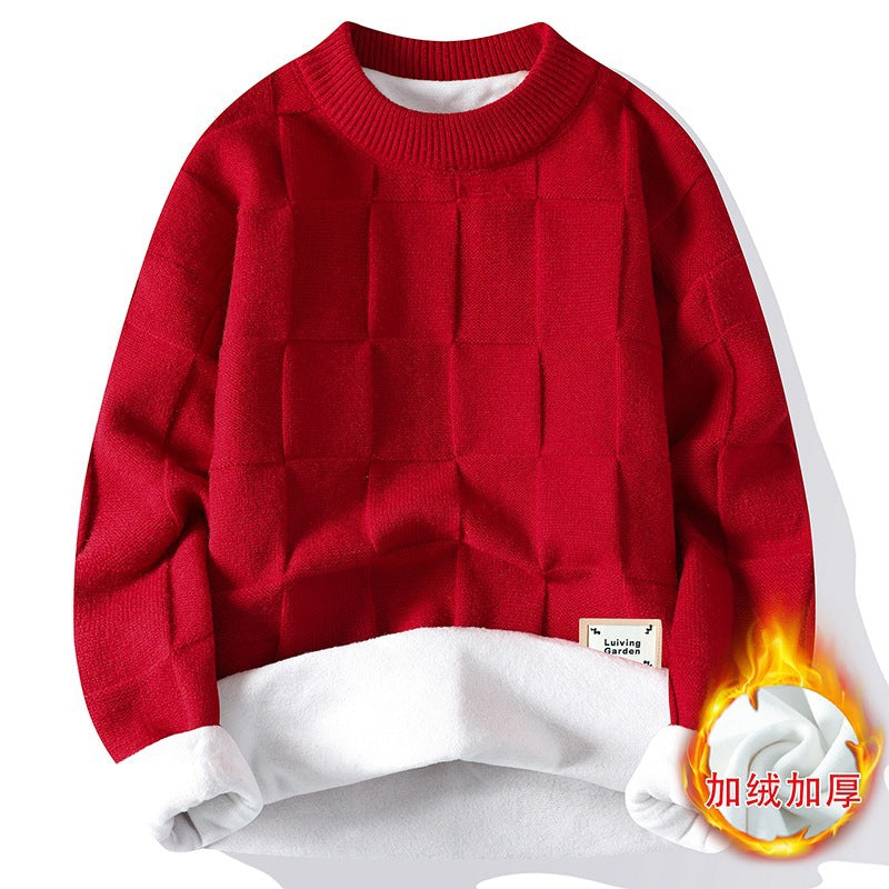 Sweater Men's Autumn and Winter New Half-turtleneck fleece-lined Thickened Warm Inner Men's Contrast Color Stitching Sweater Trend