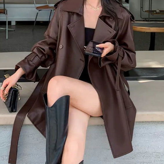 Brown Leather Jacket for Women 2025 Spring New Fashion Petite Leather Jacket Trench Coat Women New Style