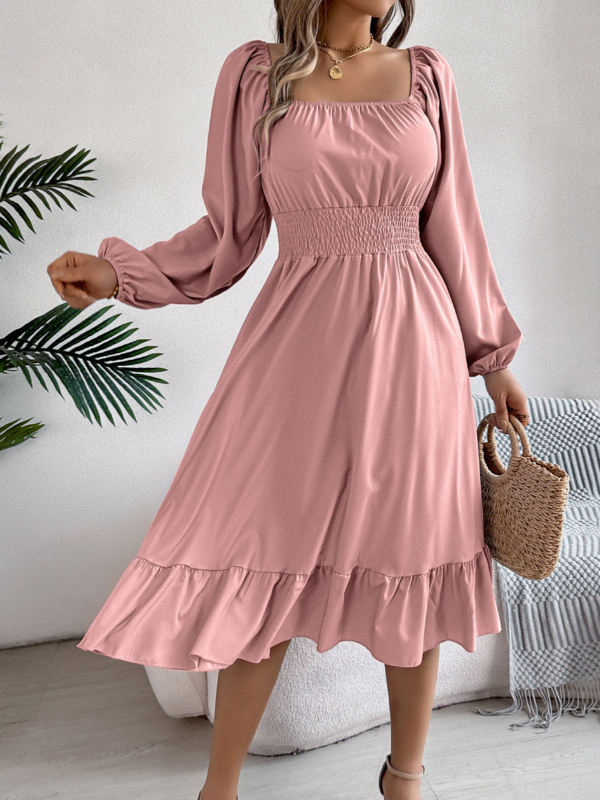 2026 Spring/Summer European and American Casual Solid Color Square Neck Long Sleeve Waist-Cinching Ruffle A-Line Dress Amazon Cross-Border Women's Clothing