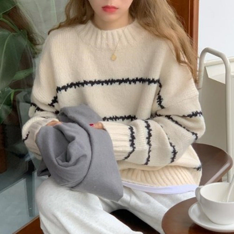 Vintage Japanese-Style Lazy Loose Sweater for Women, Thickened Autumn and Winter New Long-Sleeve Striped Half-High Collar Knitwear