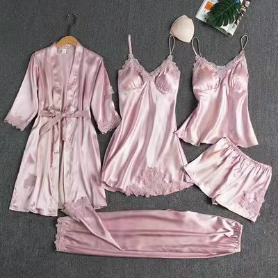 Pajamas Women's Summer Ice Silk Sexy Hot Adult Spring and Autumn Long Sleeve Thin Women's Nightgown Five-piece Suit