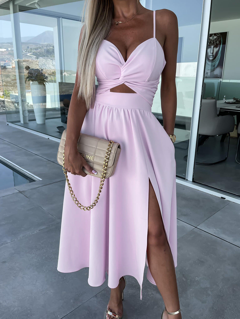 suspenders V-neck large pendulum dress slim-fit backless mid-length dress