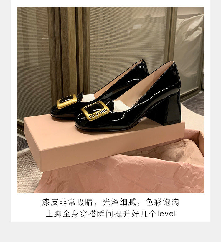 2025 Autumn New Collection Evening Gown~ Classic Square Buckle Patent Leather Chunky Heel Commuting High Heels Women's Wedding Shoes
