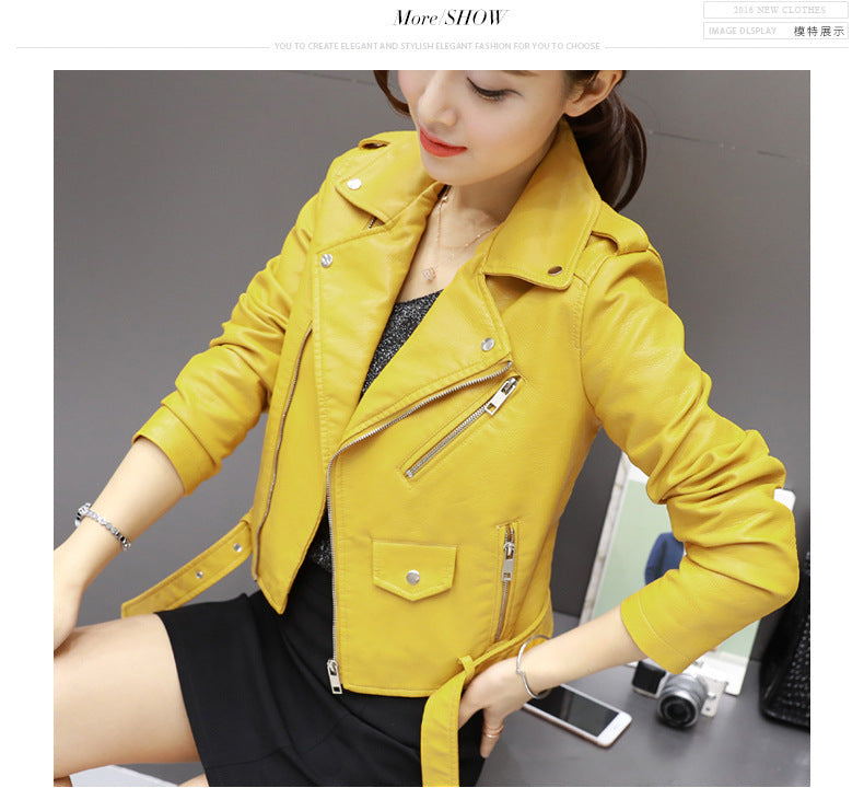 Women's Short Leather Jacket for Spring and Autumn, Motorcycle Pu Leather Jacket, Slim Fit, Plus Size, Student Style, Small Lapel, European and American Style