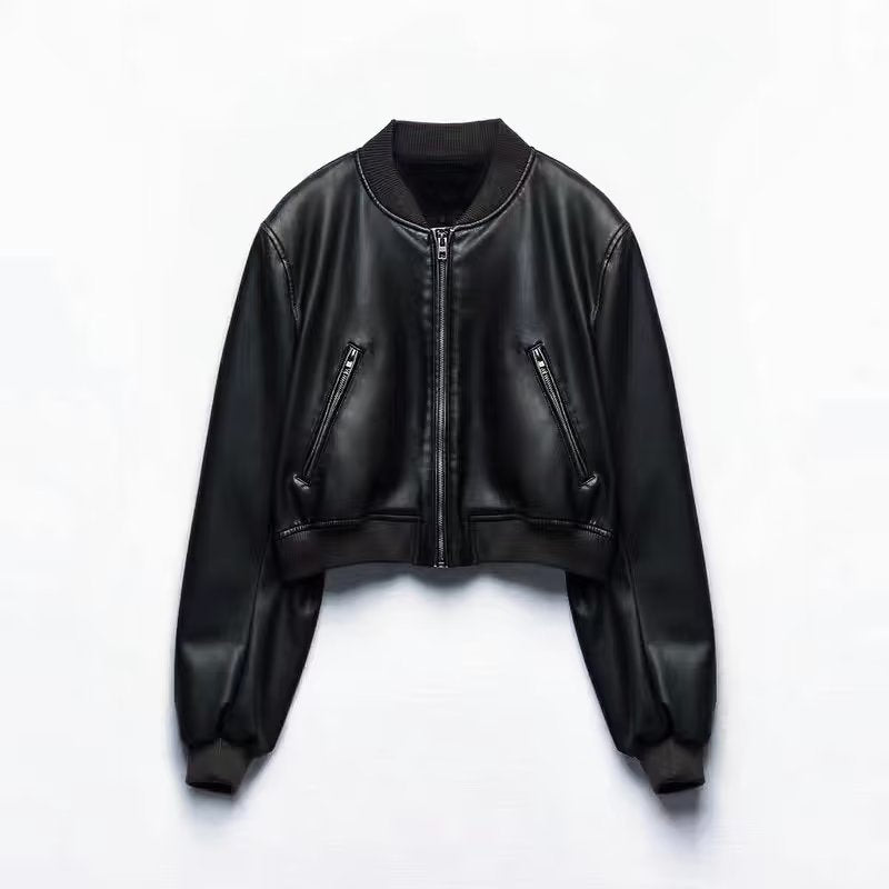 Fall 2023 new European and American cross-border women's clothing street fashion faux leather pilot jacket jacket w027 9291
