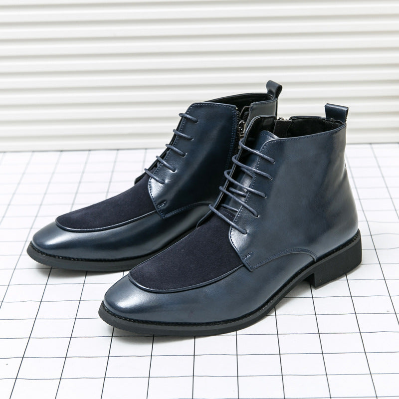 High-top color-block leather boots cross-border plus size 46 autumn and winter short boots European and American style men's side zipper fashion British boots