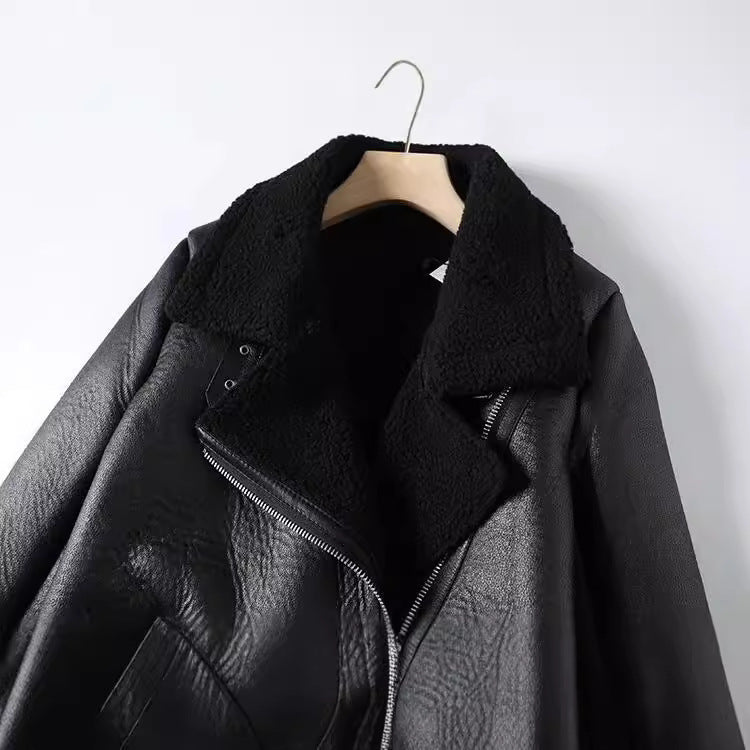 Cross-Border Foreign Trade Women's Clothing in Stock European and American Fashion Fur One-Piece Jacket Thickened Lapel Motorcycle Women's Leather Jacket