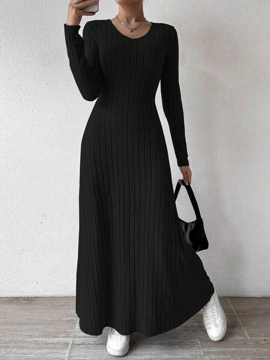Slim Fashion Women's Knitted Pure Color Long-Sleeved A-Line Street Long Skirt for Women