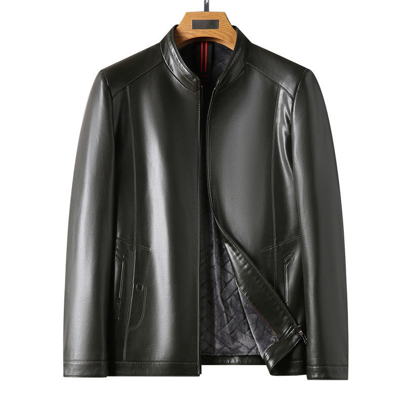 Men's Leather Jacket, Autumn and Winter, Middle-Aged Business Style, Stand-Up Collar, Fleece-Lined, Casual Men's Leather Coat, Mid-Length