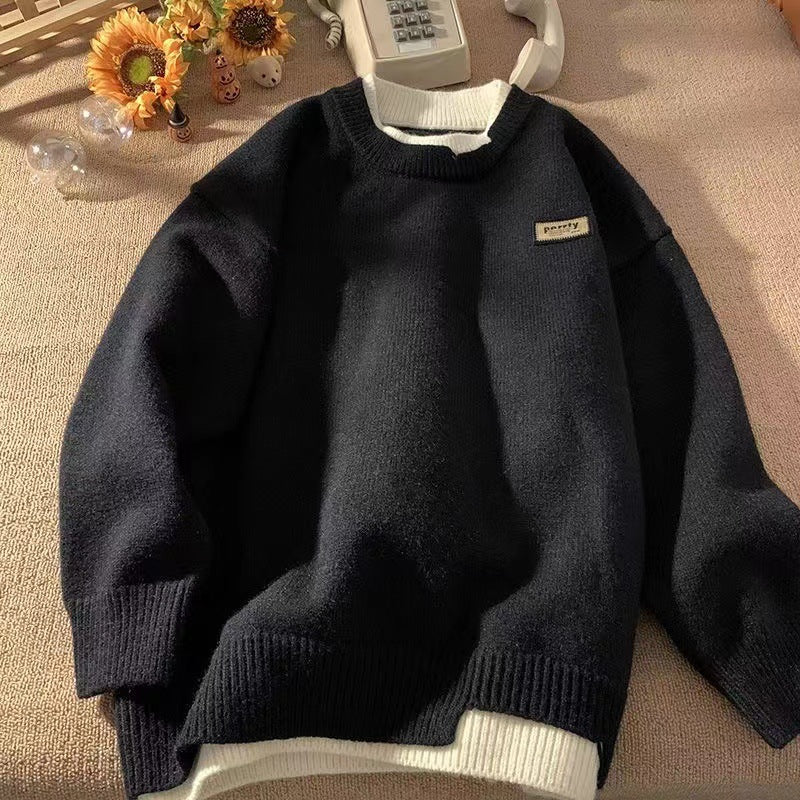 Japanese Fake Two-piece Sweater Men's Autumn and Winter Crewneck Sweater Winter Men's Youth Popular Sweater