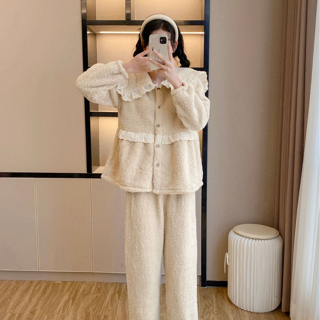 Pajamas Women's Lamb Velvet Autumn and Winter Neck Warm Coral Velvet Sweet Large Lapel Thickened Lace Home Clothes