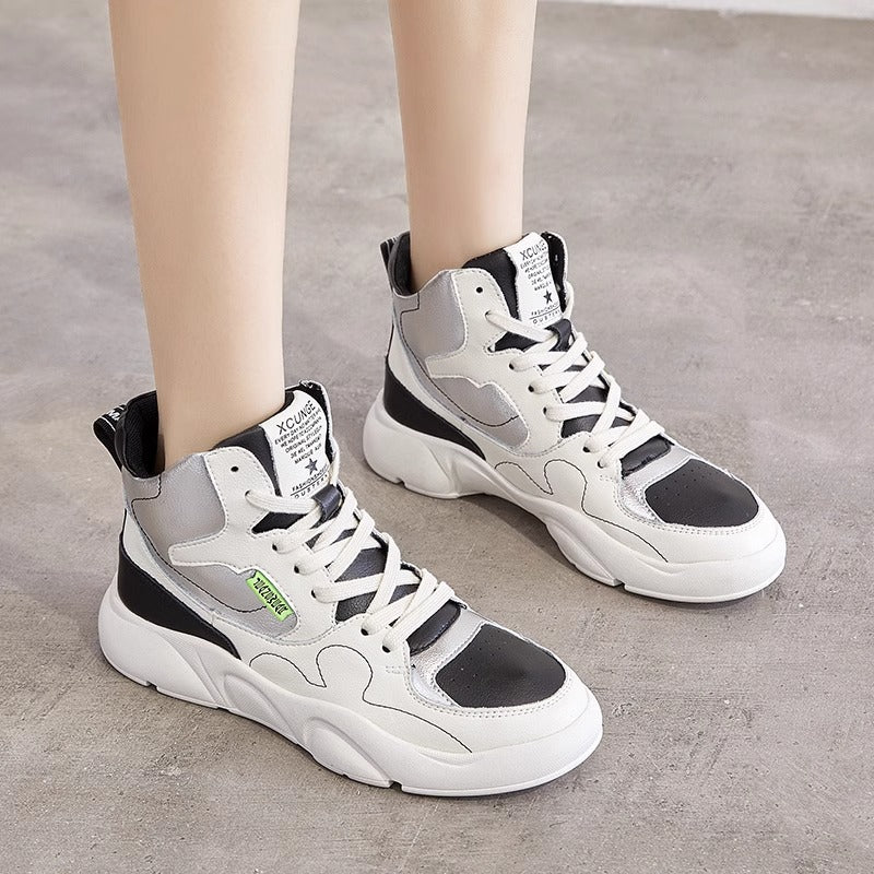 Genuine Leather High-Top Sneakers for Women 2025 Spring White Shoes for Women Korean Style Breathable Casual Sports Sneakers for Women Comfortable