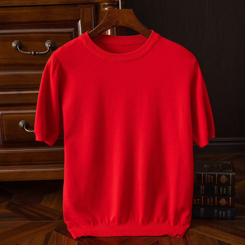 Men's Knitted Short-sleeved Korean Trendy Round Neck Half Sleeve Spring and Autumn Men's Slim-fit Solid Color Short-sleeved Sweater